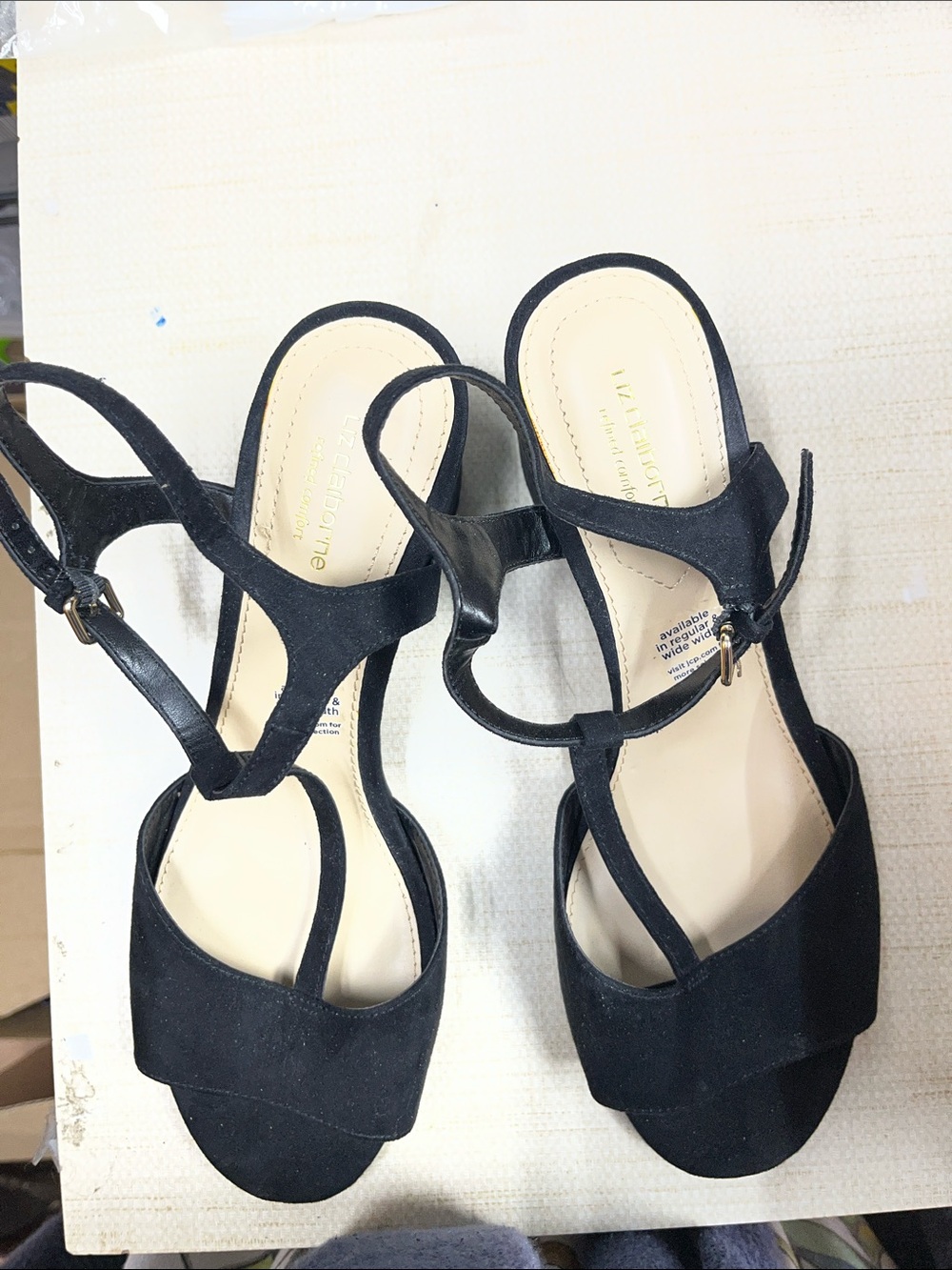 Liz Claiborne Black Suede T-Strap Open-Toe Heels